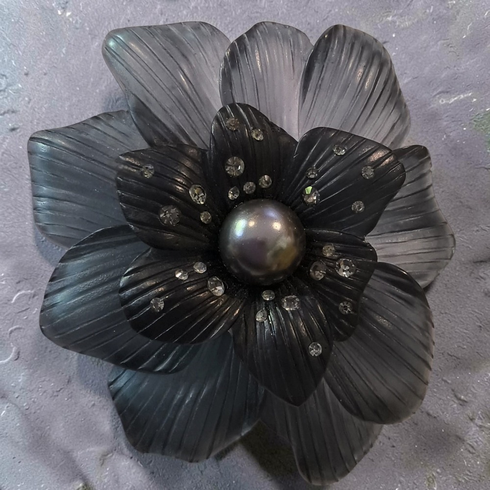 Vintage MONET Lucite Rhinestone Flower Statement Brooch Gothic Dark Academia